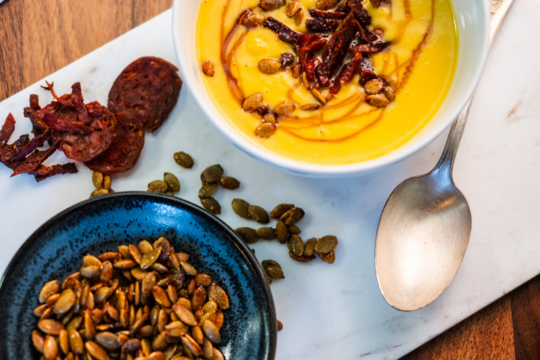 Pumpkin Soup with Crispy Chorizo