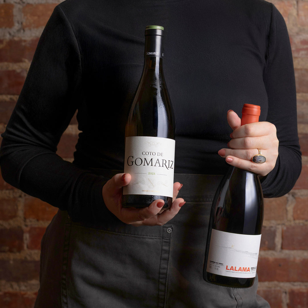 Person holding two wine bottles against a brick wall