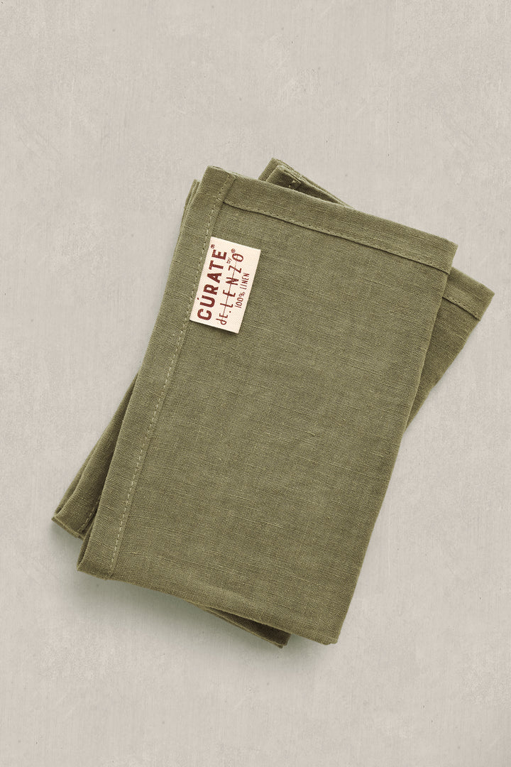 100% Washed Linen Cocktail Napkins - Olive with Classic Hemstitch (Set of 4)
