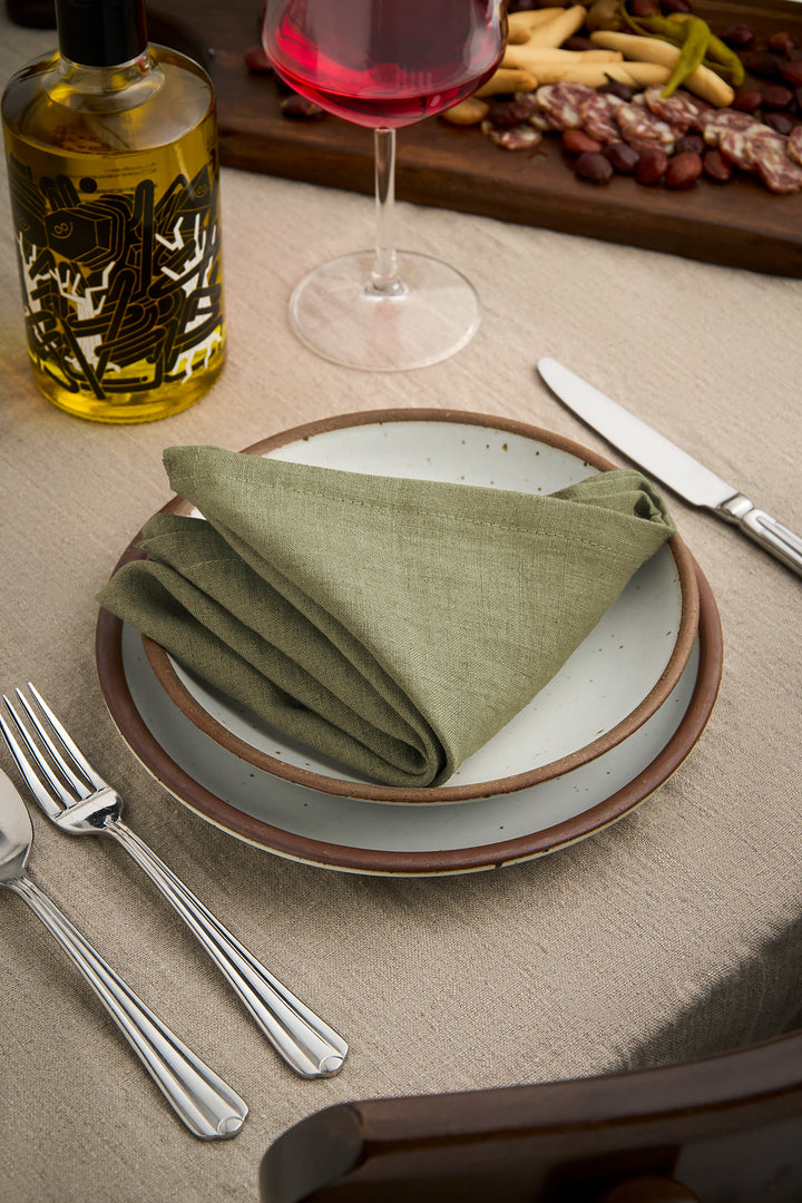100% Washed Linen Cocktail Napkins - Olive with Classic Hemstitch (Set of 4)