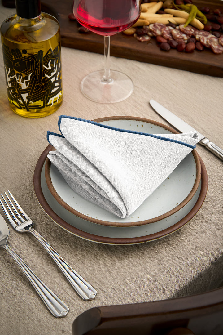 100% Washed Linen Cocktail Napkins - White with Blue Merrow-Stitch Trim (Set of 4)