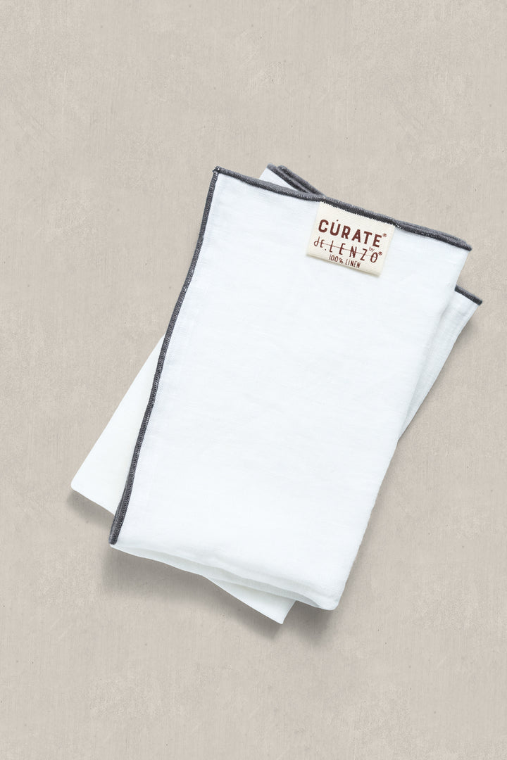 100% Washed Linen Cocktail Napkins - White with Blue Merrow-Stitch Trim (Set of 4)