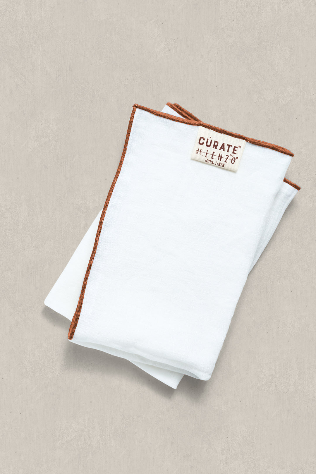 100% Washed Linen Cocktail Napkins - White with Terracotta Merrow-Stitch Trim (Set of 4)